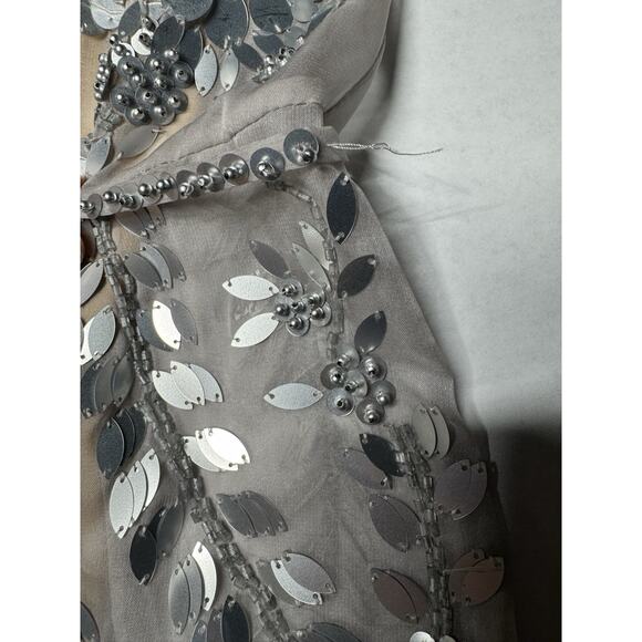 Mignon for Neiman Marcus Embellished Cocktail Dress Silver Sequin Sheer Overlay - Picture 12 of 14